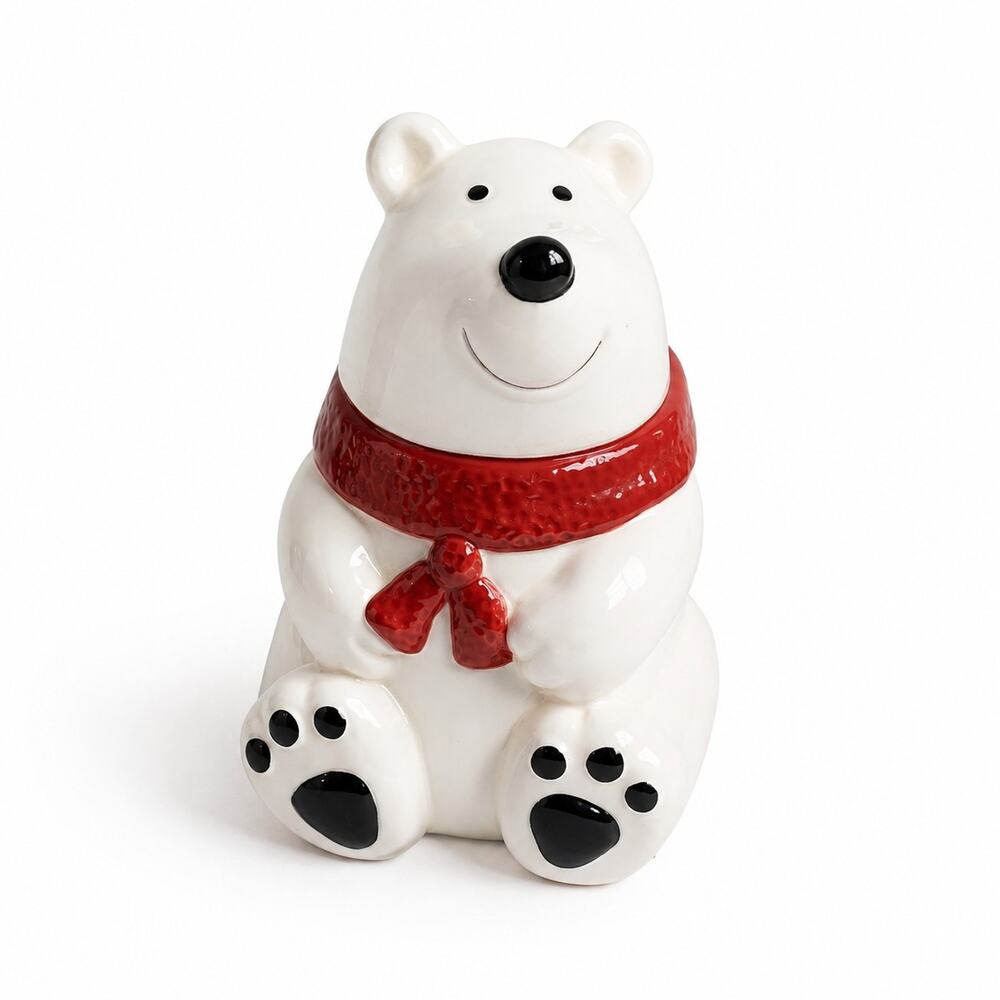Discontinued Ceramic Smiling Polar Bear Cookie Jar Red Scarf Holiday Decor